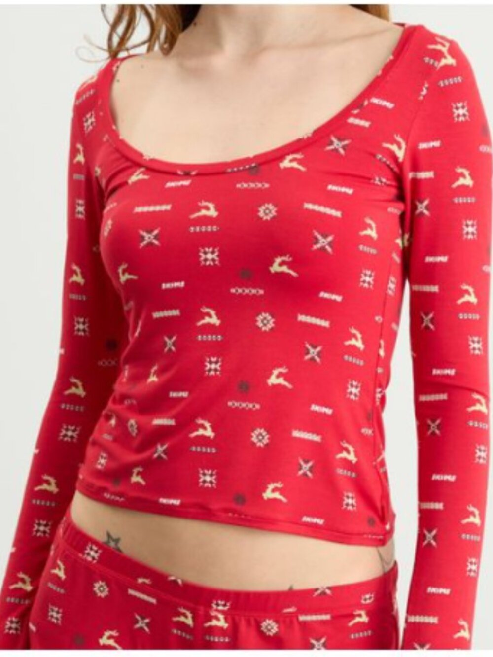 NEW Skims Sleep Scoop Neck Long Sleeve Top Size XL Red White Reindeer Stretch